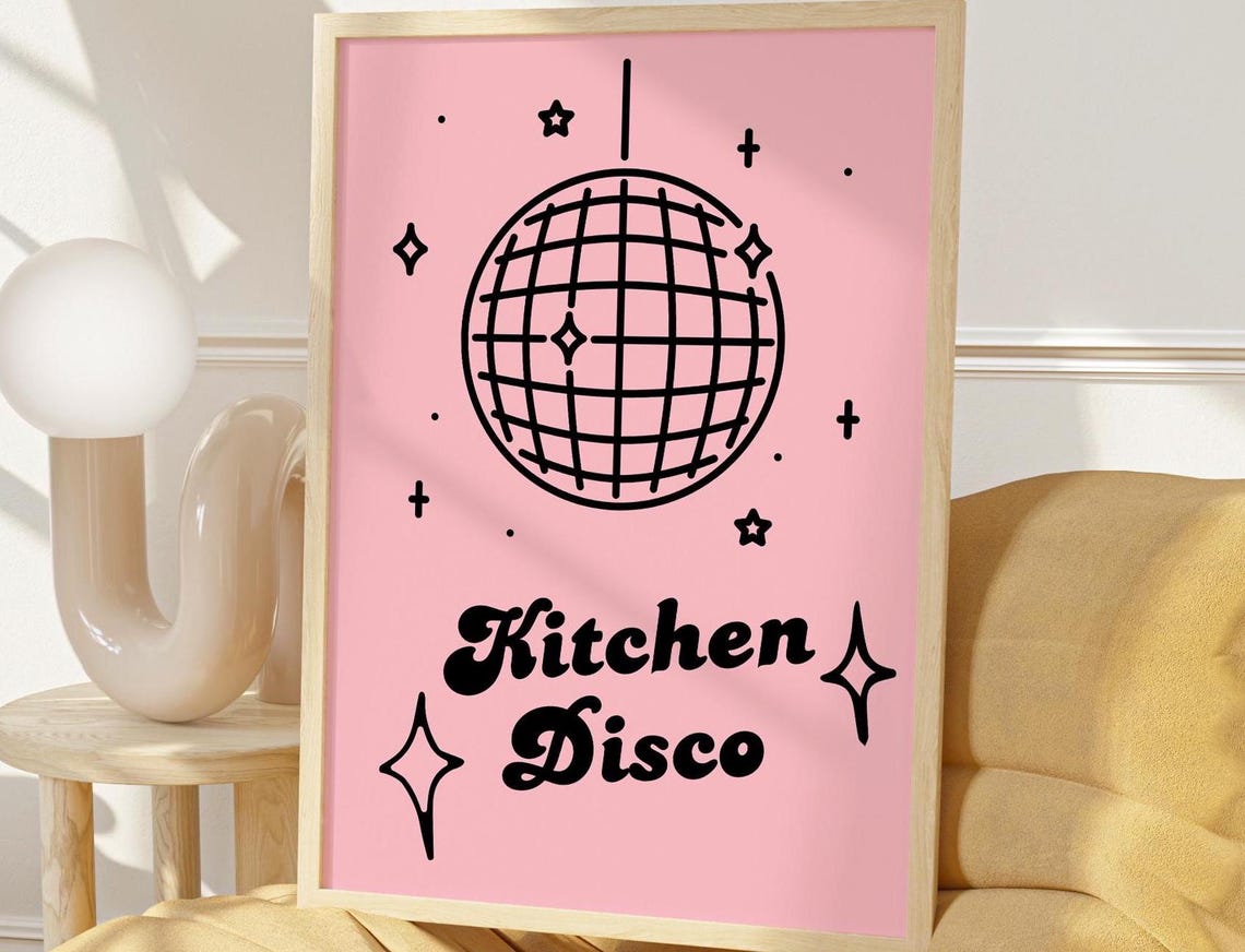 Pink Kitchen Disco Ball Retro Script Typography Party Art Poster