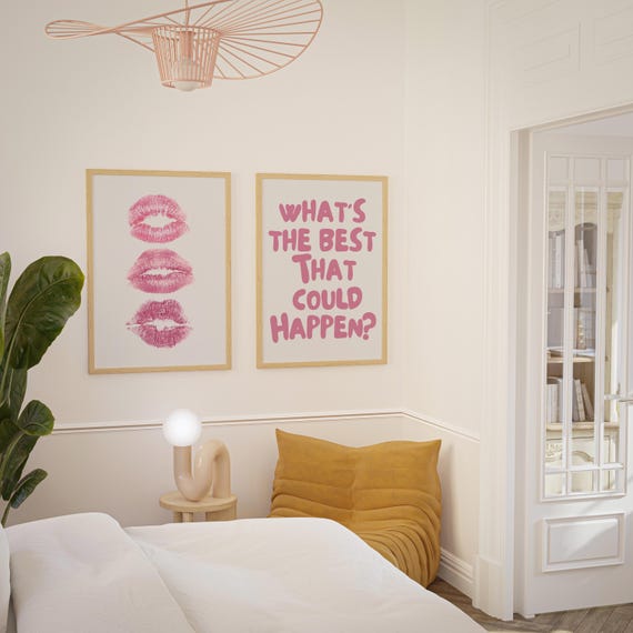 Set Of Two Pink Art Print Trendy Wall Kiss Lips Whats The Best That Could Happen Preppy Dorm Girly Fashion Decor