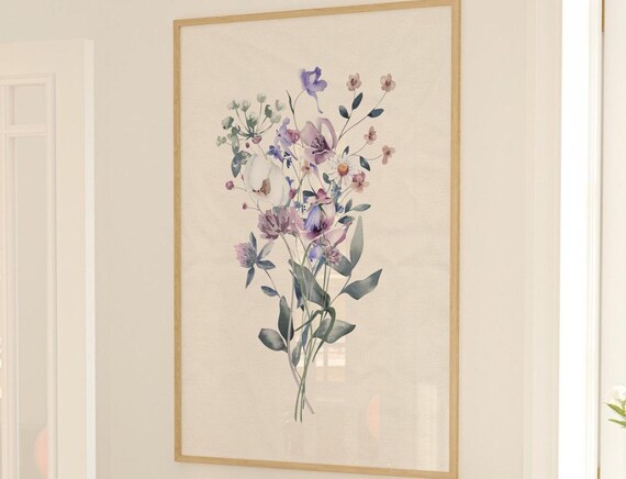 Purple Floral Print Watercolor Blue Wall Art Botanical Decor Chinoiserie Coastal Granddaughter Beachy Nantucket