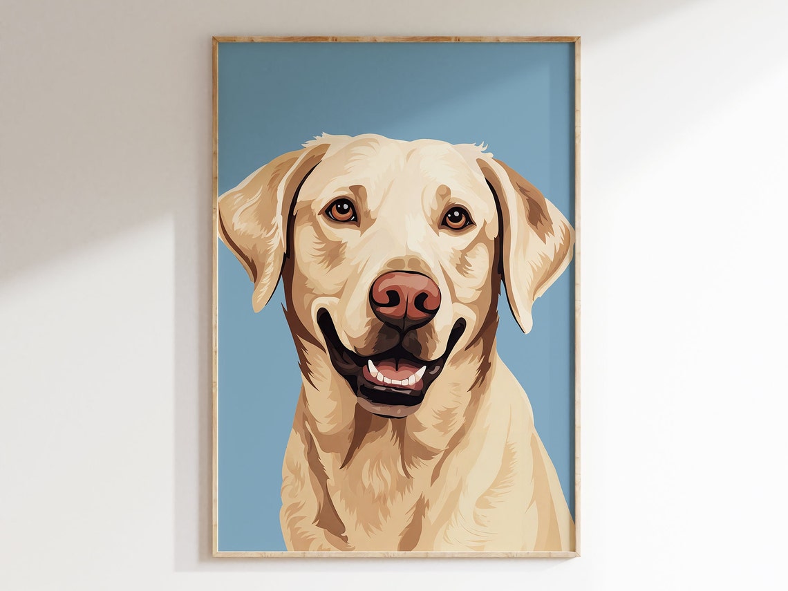 Labrador Retriever Happy Dog Portrait Blue Background Pet Decor Poster