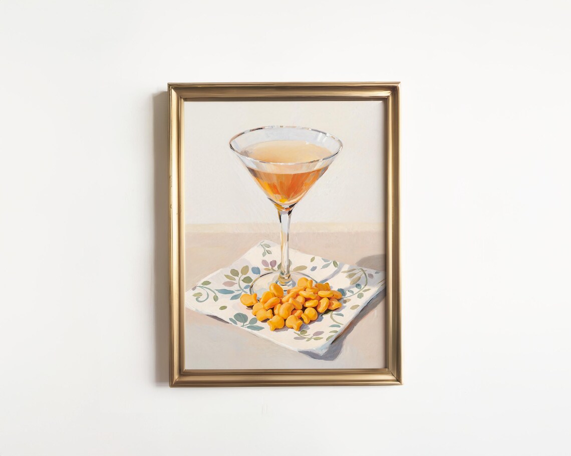 Martini Glass And Cheese Crackers Oil Painting Maximalist Bar Print