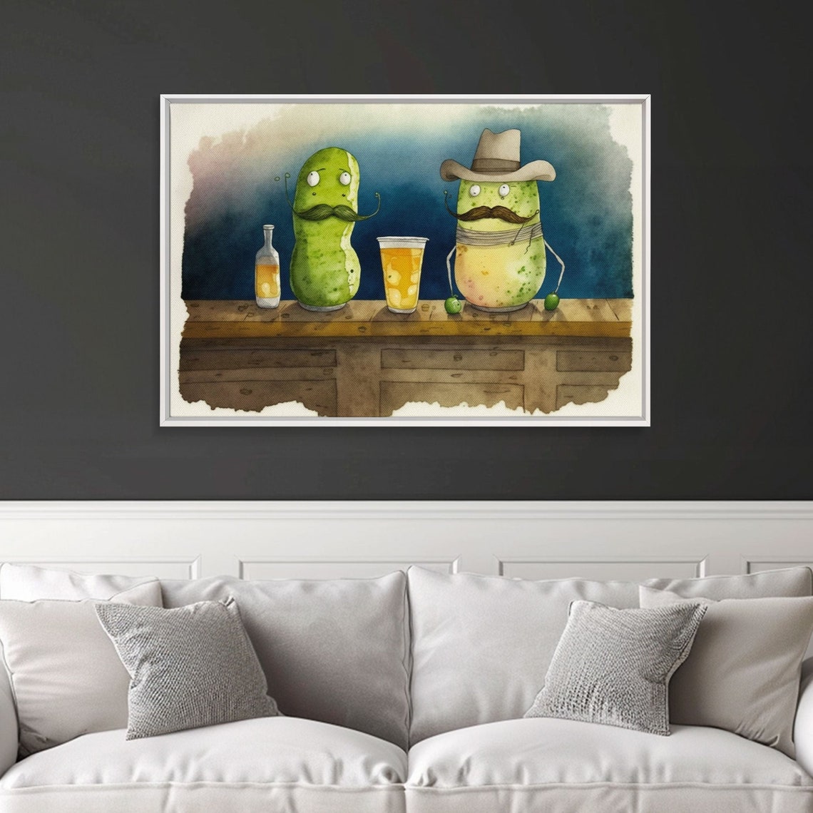 Funny Pickles At Bar Mustache Cowboy Hat Beer Watercolor Humor Poster - Image 3
