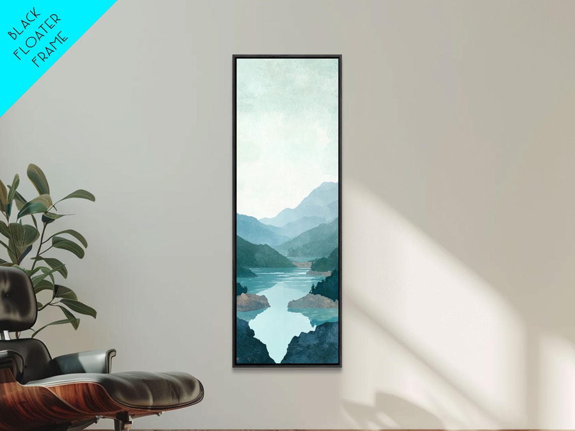Misty Blue Mountains Tranquil River Minimalist Nature Wall Poster - Image 4