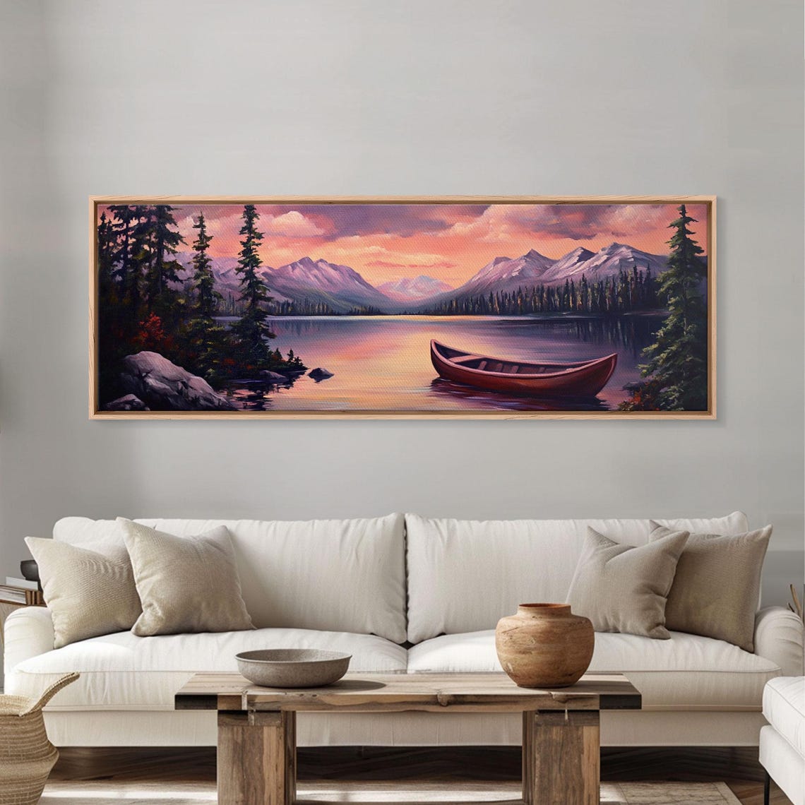 Pink Sunset Mountain Lake Red Canoe Pine Shore Landscape Poster - Image 4