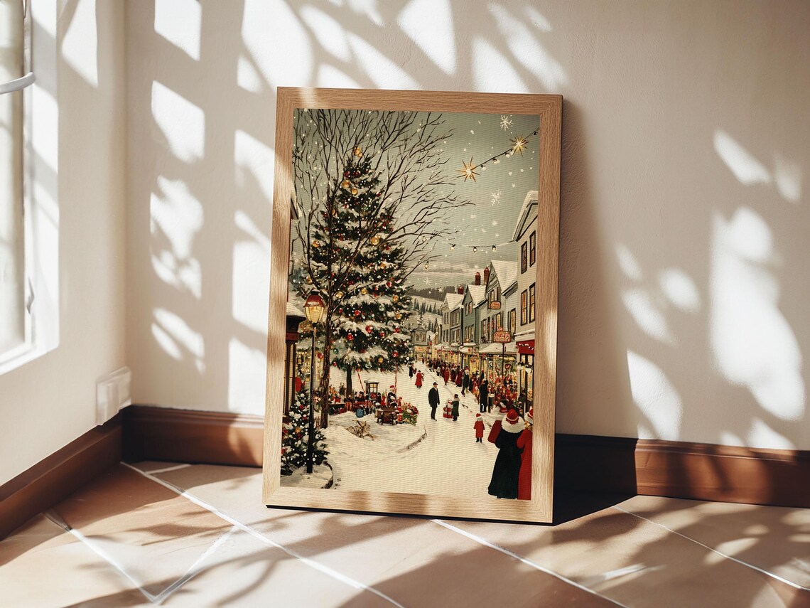 European Christmas Street With Giant Tree Vintage Holiday Art Print - Image 6