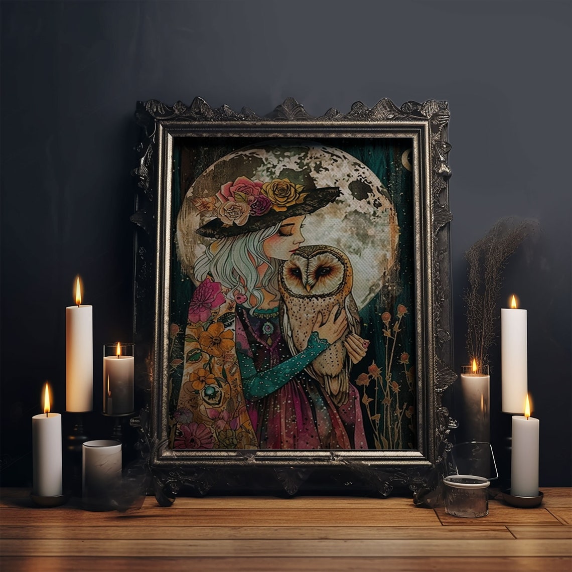 Witch Hugging Barn Owl Under Full Moon Floral Hat Illustration Poster - Image 6