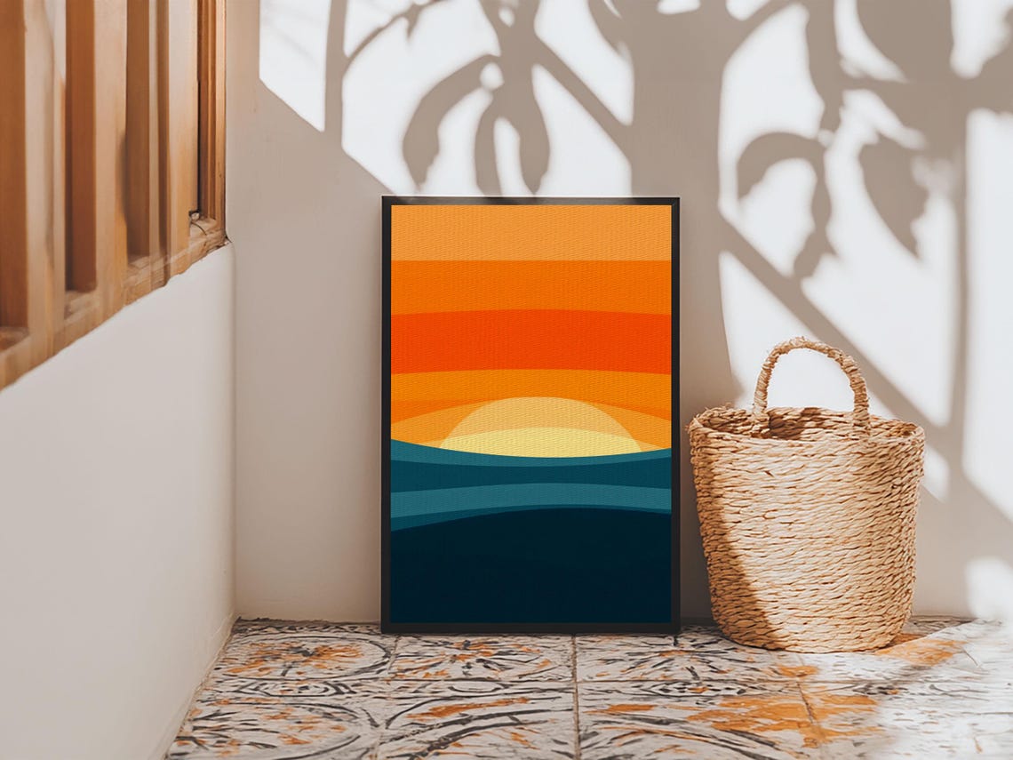 Gradient Sunset Over Teal Ocean Minimalist Retro Art Deco Poster - Image 2