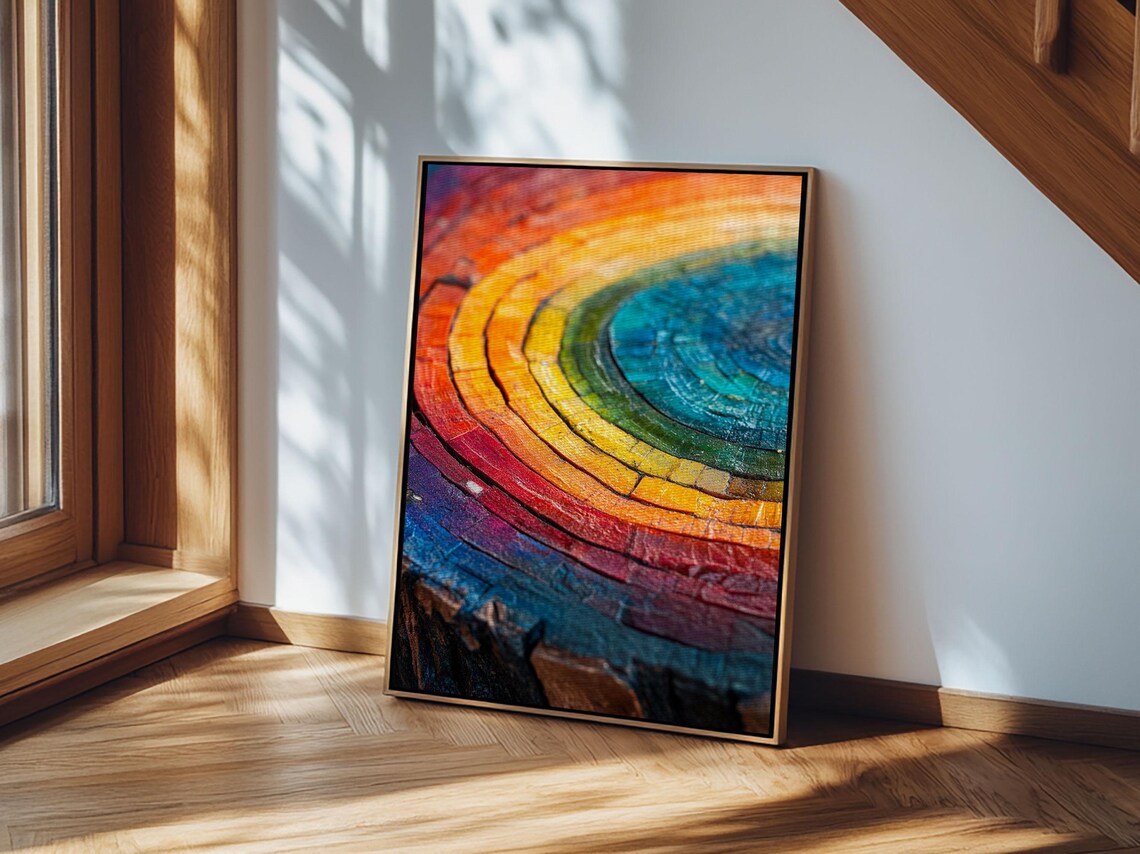 Rainbow Tree Rings, Retro Style Rustic Wall Art - Image 4