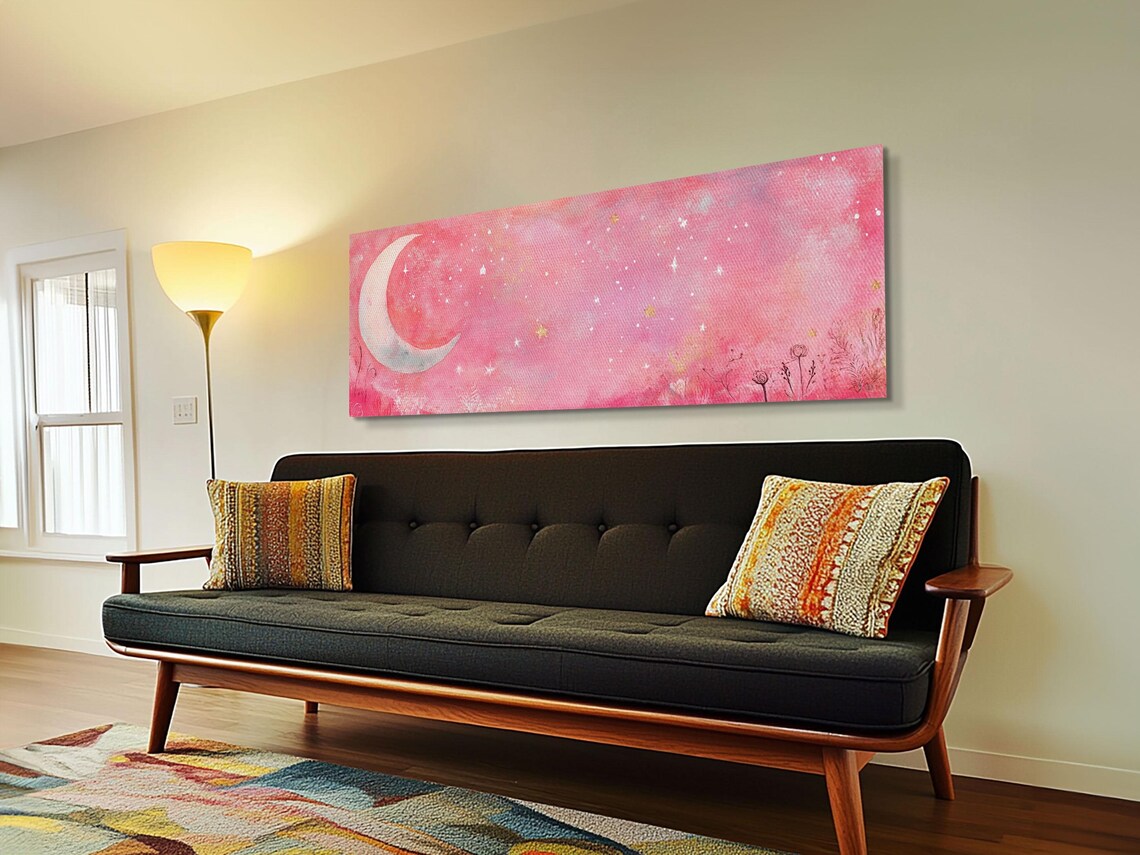 Pink Crescent Moon Starry Night Sky Watercolor Panoramic Dreamy Art Poster - Image 6