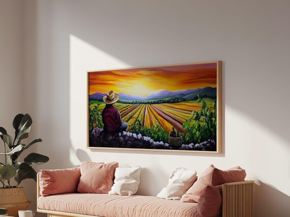 Farmer Straw Hat Overlooking Vineyard Rows Sunset Mexican Harvest Poster