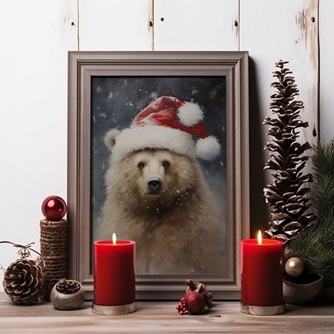 Cute Fluffy Brown Bear Wearing Red Santa Hat Snow Christmas Poster - Image 3