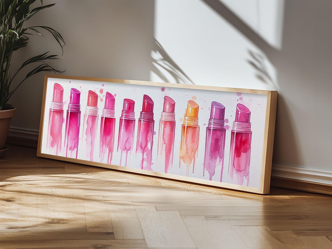 Pink Magenta Lipstick Shades Row Watercolor Panoramic Beauty Canvas Poster - Image 4