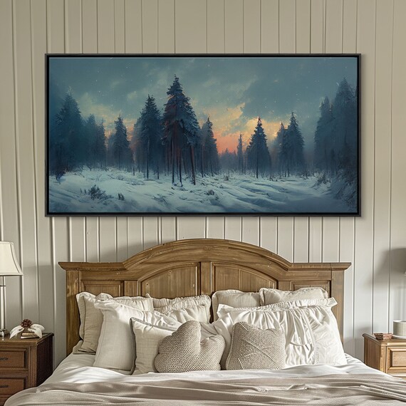 Snowy Forest Dreamy Landscape Painting Print Country Side Farmhouse Decor Beautiful Scenic Wall Art Golden Hour