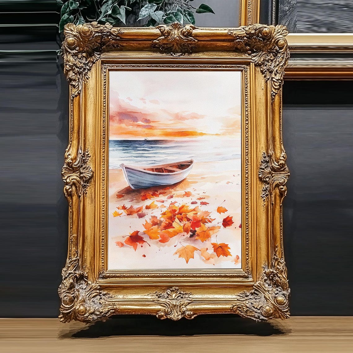 Wooden Rowboat On Beach With Autumn Leaves At Sunset Fall Poster - Image 4