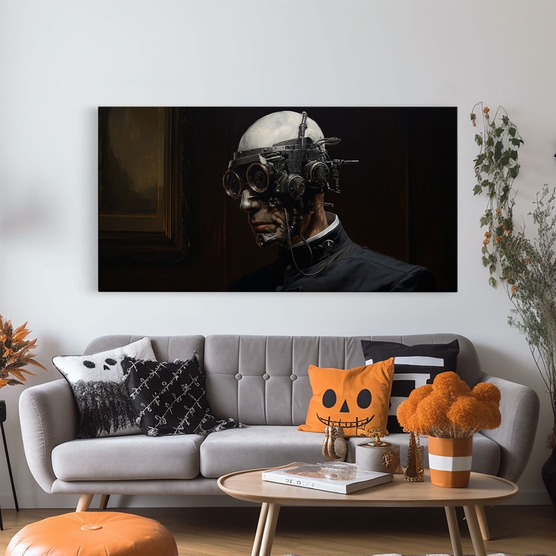 Bald Steampunk Cyborg With Goggles Dark Panoramic Horror Poster - Image 4