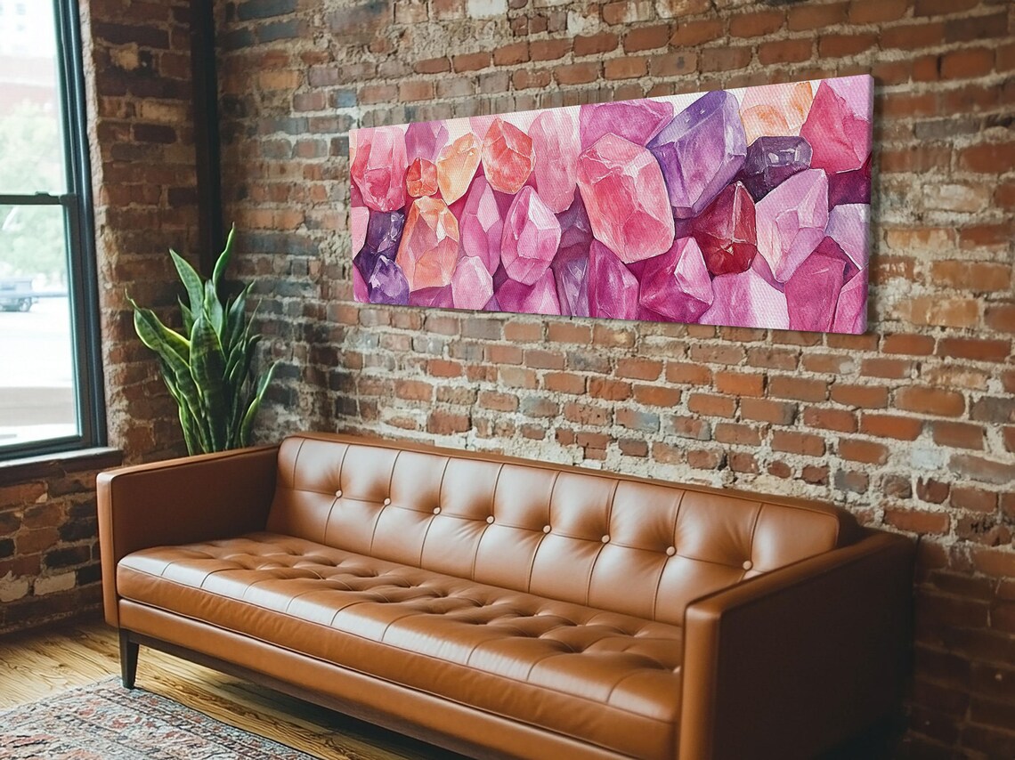 Pink Crystal Gemstones Watercolor Painting Wide Panoramic Canvas Art Poster