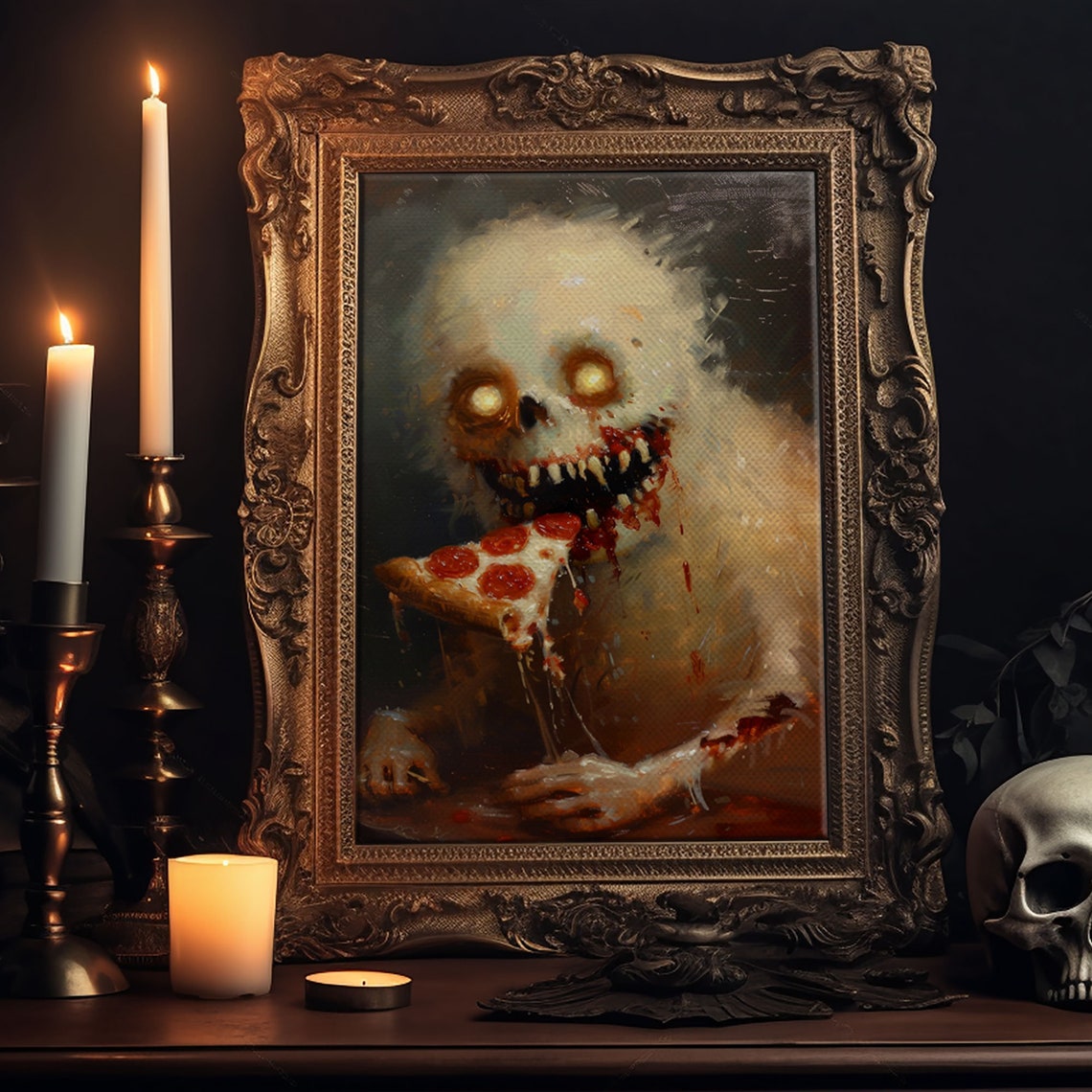 Zombie Ghost Devouring Pepperoni Pizza Horror Funny Art Poster - Image 6