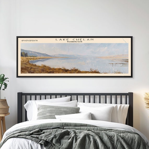 Lake Chelan Washington Framed Print Lake House Decor Panoramic Wall Art Travel Poster Stunning Lake Painting Home Art