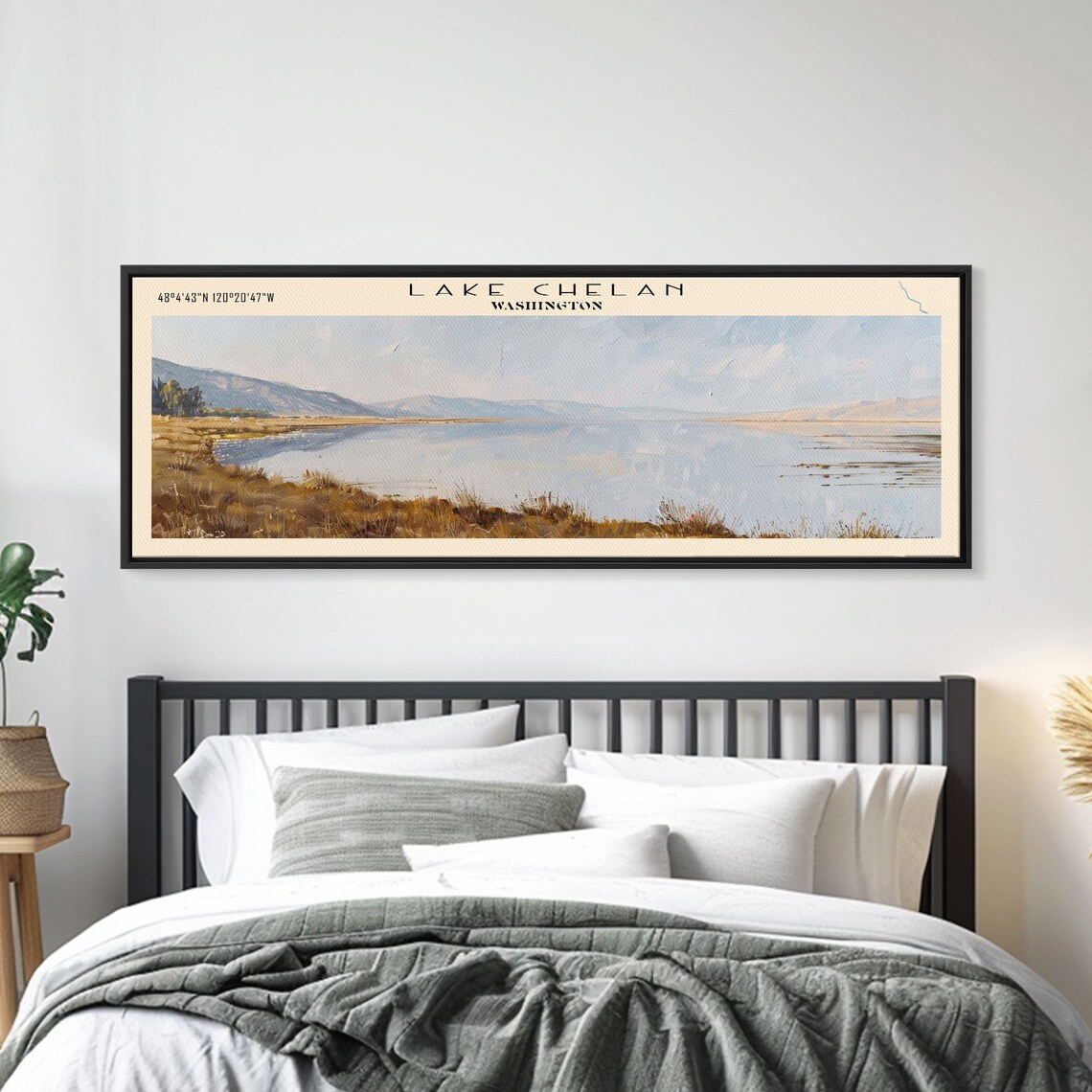 Lake Chelan Washington Grassy Shoreline Calm Waters Travel Poster