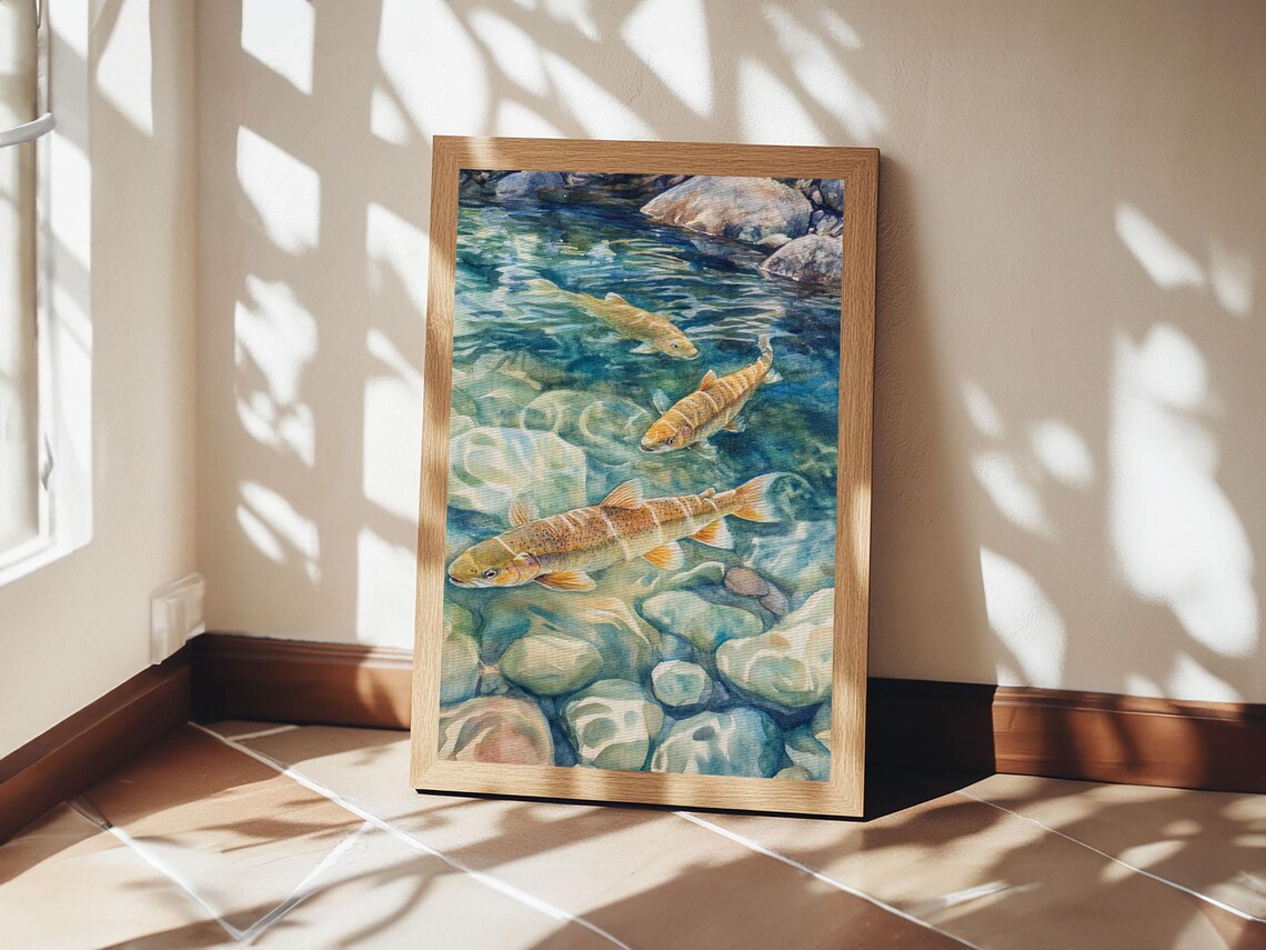 Gentle Swimming Trout Rustic Living Room Art Print - Image 3