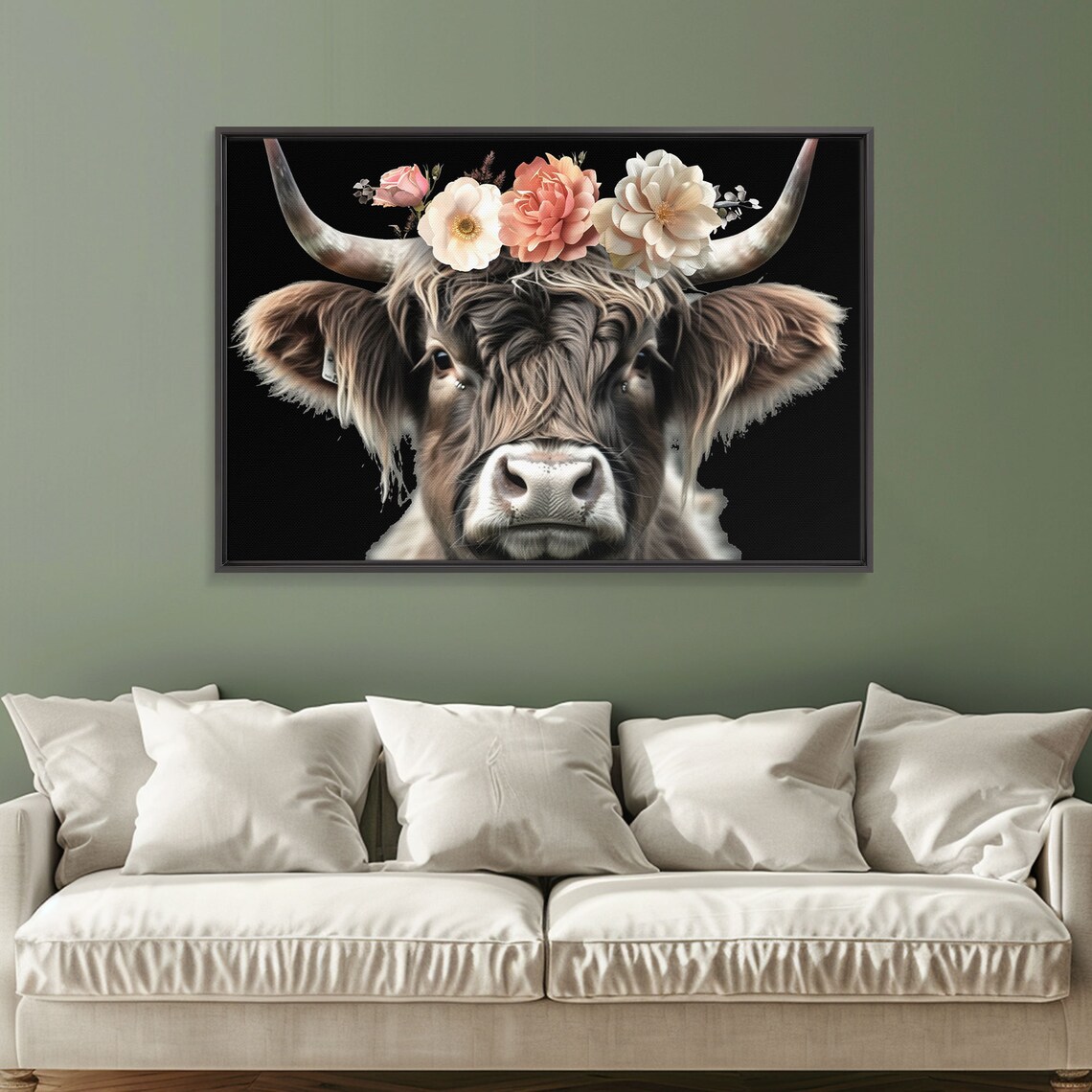 Highland Cow Flower Crown Portrait Charming Farm Animal Art Print