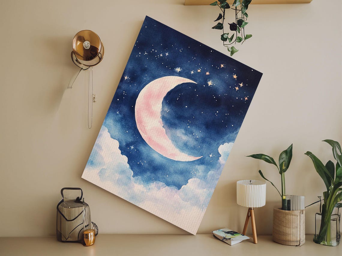 Pink Crescent Moon Watercolor Print Starry Night Sky Wall Art Poster - Image 5
