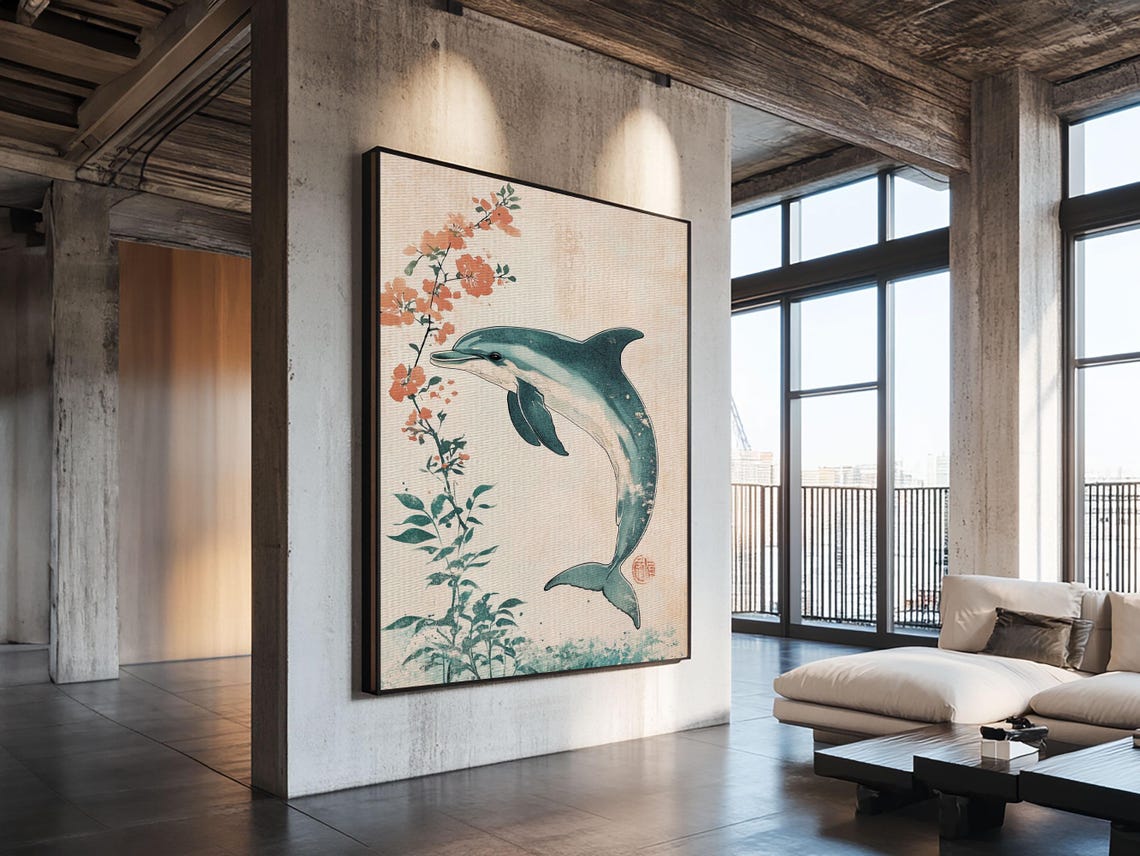 Japanese Dolphin With Cherry Blossoms Watercolor Style Animal Wall Art - Image 5