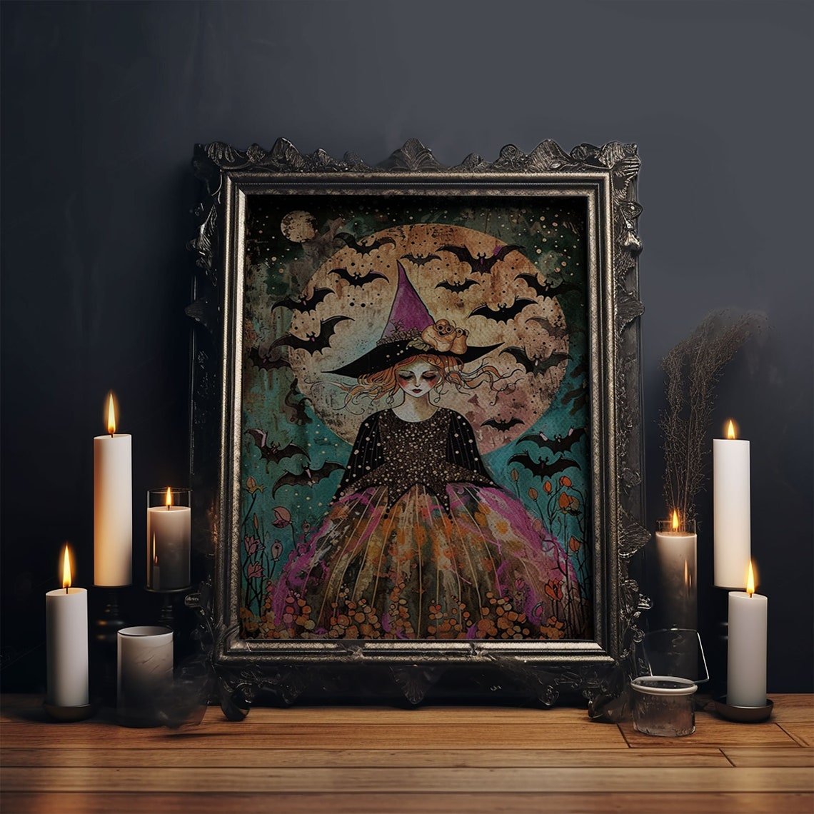 Whimsical Witch With Bats Under Full Moon Cute Pink Dress Art Poster - Image 6