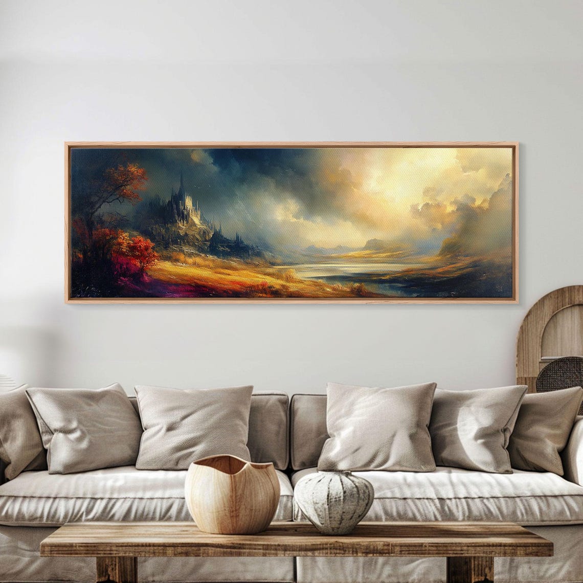 Dark Fantasy Castle On Cliff Golden Storm Clouds Valley Poster - Image 4