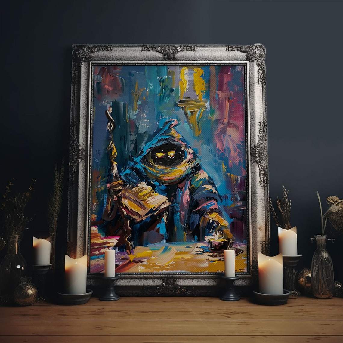 Dark Wizard Reading Spell Book Abstract Colorful Oil Style Art Poster