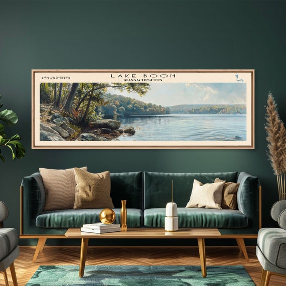 Lake Boon Massachusetts Framed Print Panoramic Lake House Decor Wall Art Travel Poster Peaceful Lake Painting Nature Art