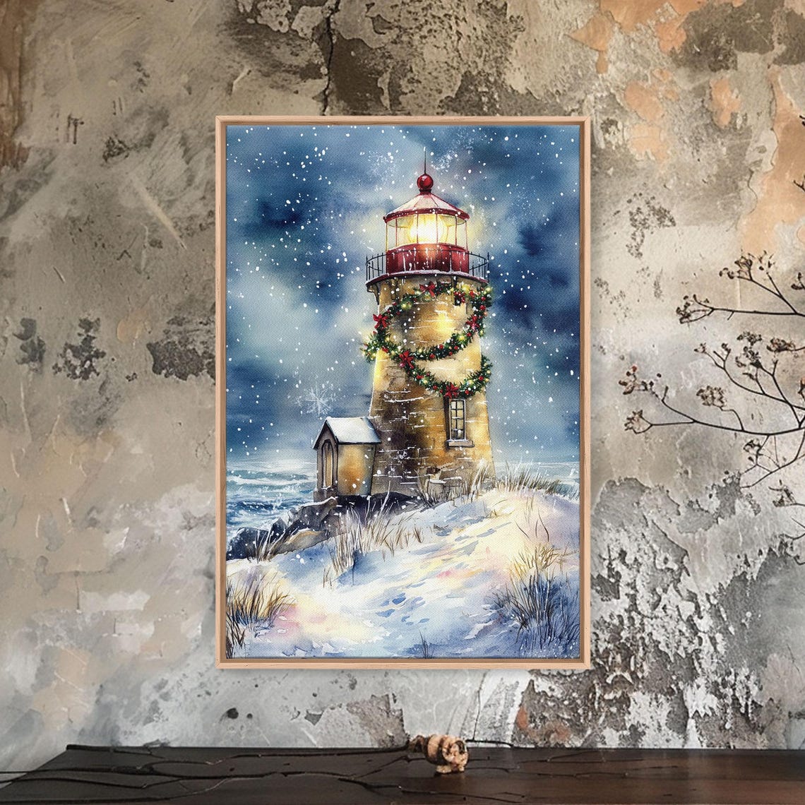 Snowy Lighthouse With Christmas Wreath Under Moonlit Sky Poster - Image 5