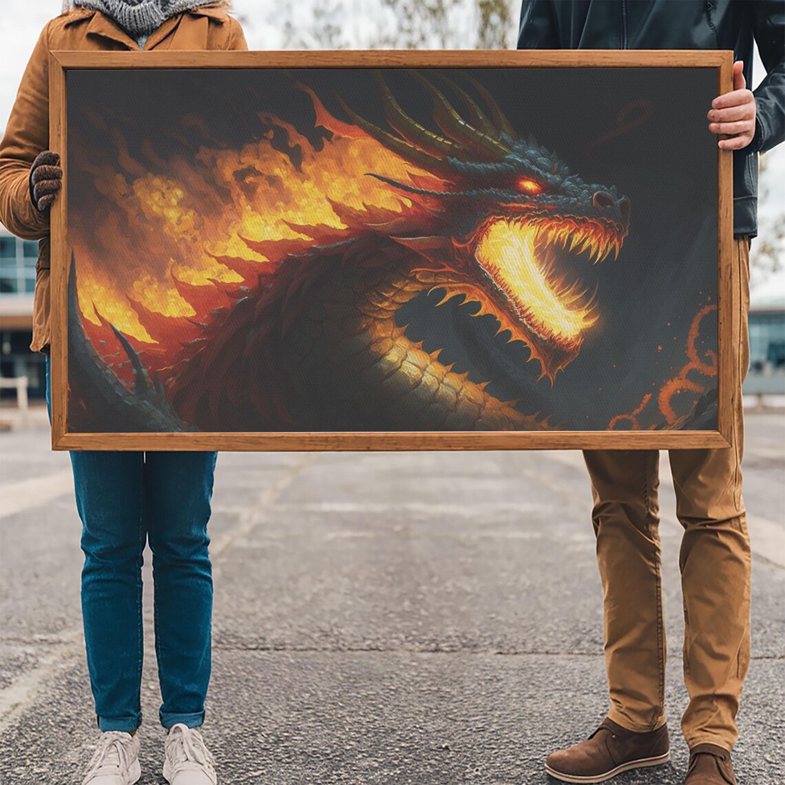 Fire Breathing Dragon Head Fantasy Art Fiery Horned Dragon Dark Wall Poster - Image 3