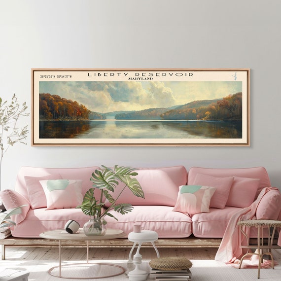 Liberty Reservoir Framed Print Lake House Decor Panoramic Wall Art Travel Poster Beautiful Landscape Painting Rustic Art