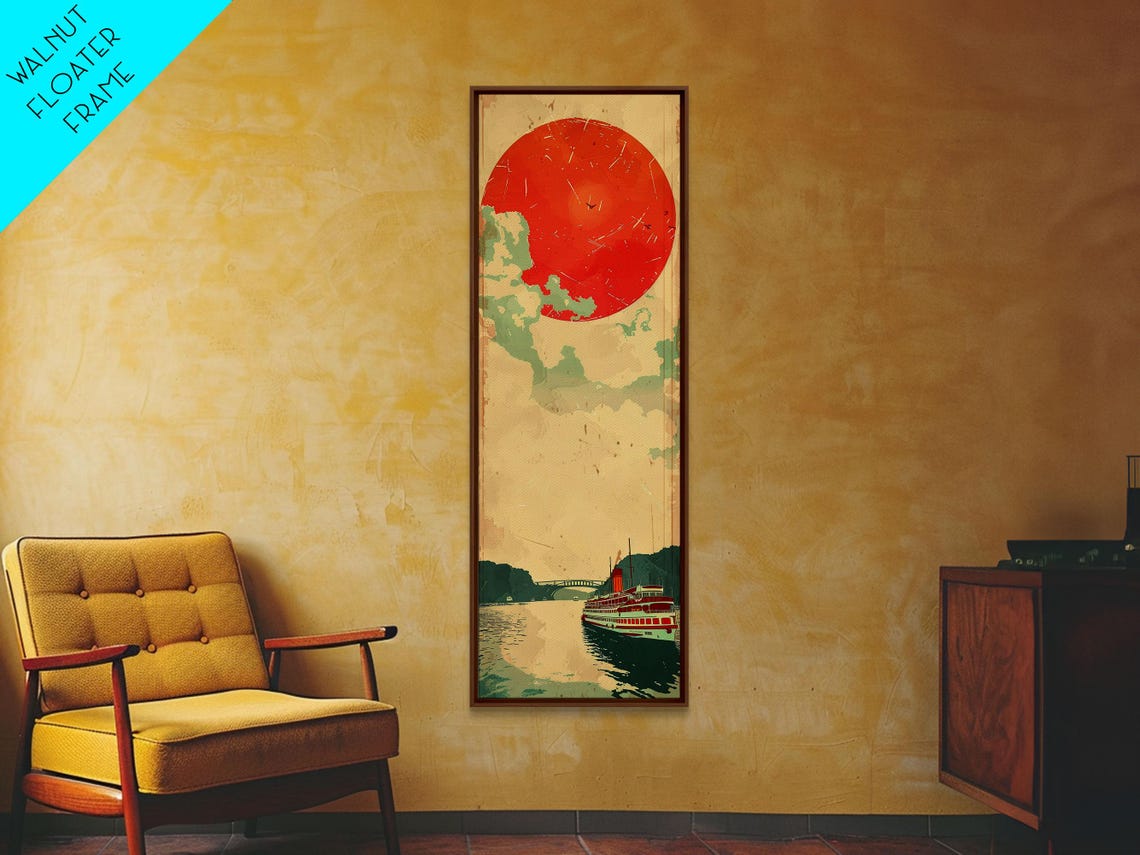 Large Red Sun Over River Japanese Art Inspired By Ukiyo E Framed Print For Tall Skinny Wall Spaces - Image 4
