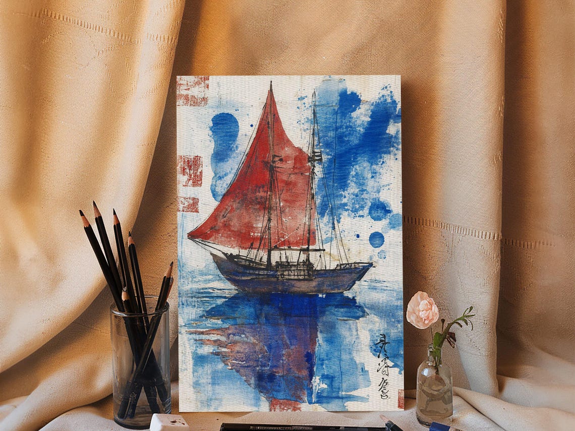 Japanese Sailboat With Red Sails Blue Watercolor Nautical Art Poster - Image 6