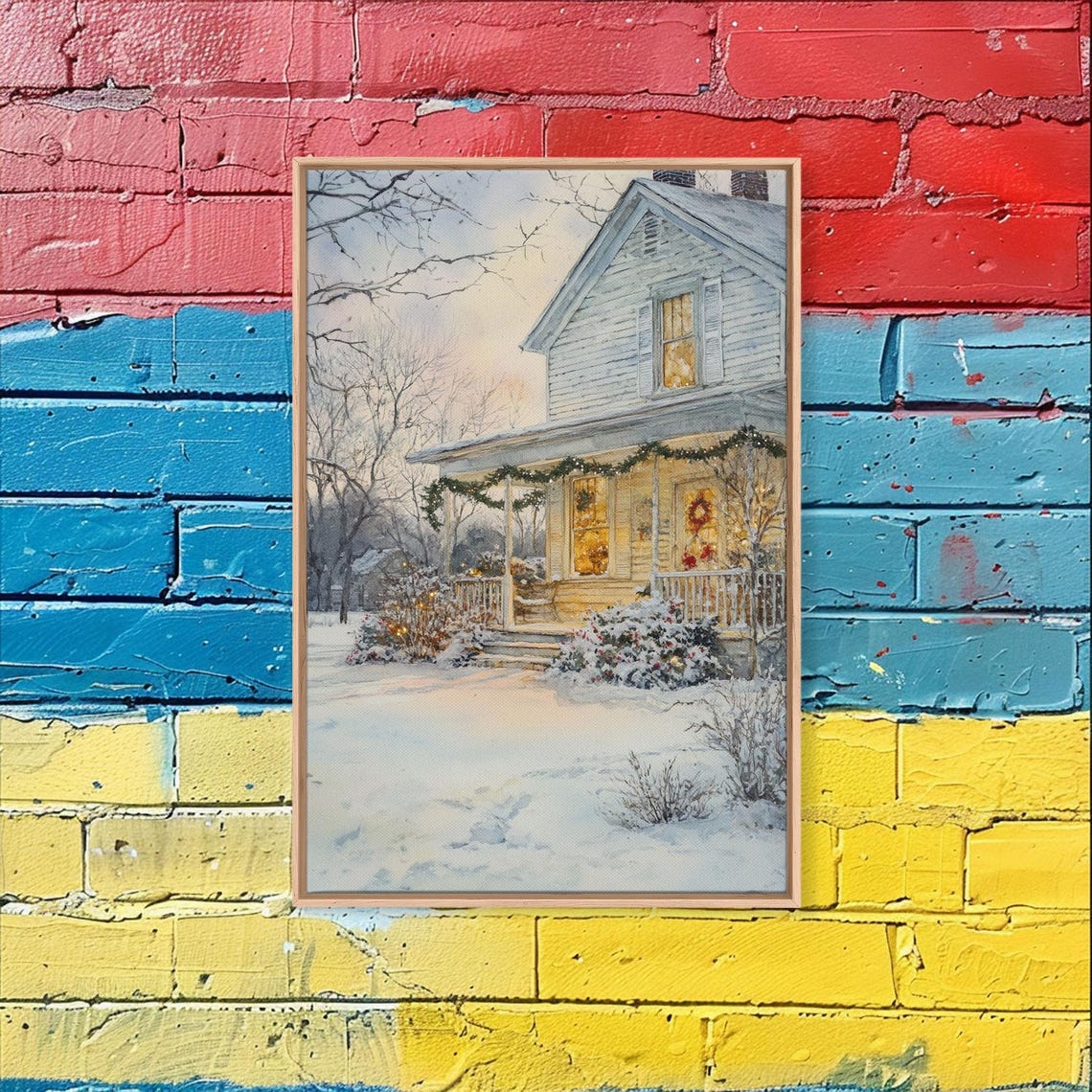 Snowy Farmhouse At Christmas Glowing Windows Garlands Winter Poster - Image 2