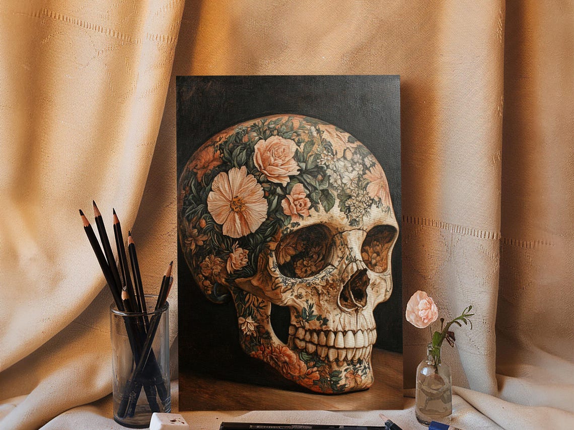 Peach Floral Skull Botanical Gothic Dark Rustic Skull Wall Art Poster - Image 3