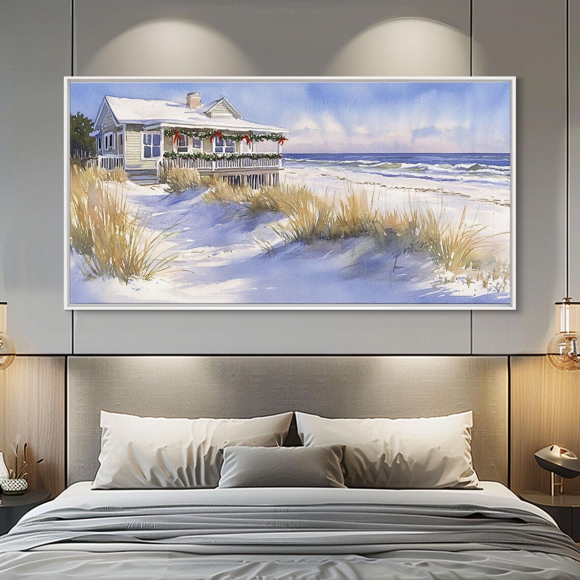 Beach House Christmas Garlands Sunny Winter Dunes Waves Art Print - Image 3