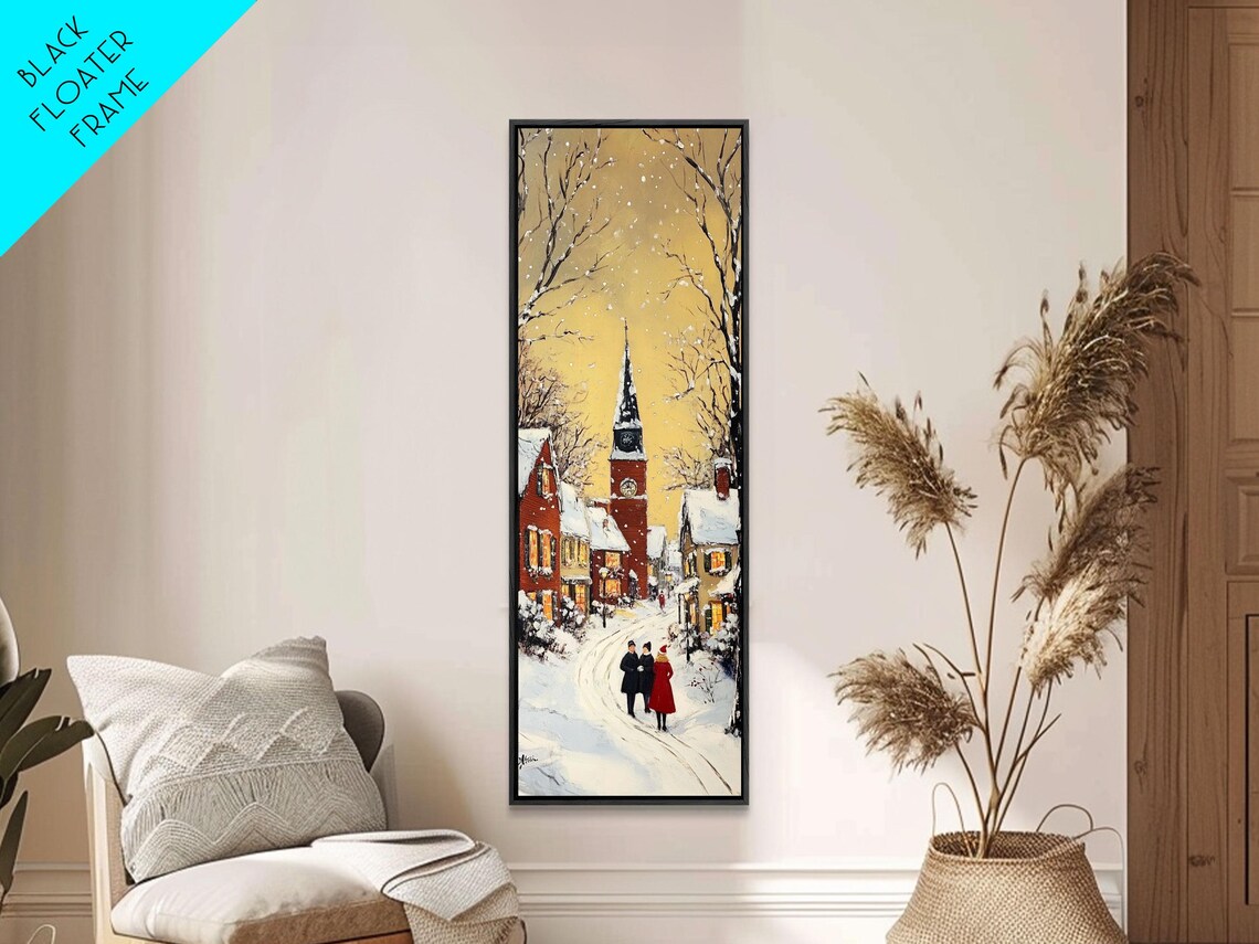 Snowy Village Street With Church Steeple Golden Sky Winter Poster - Image 2