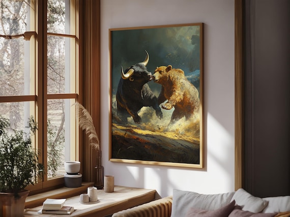 Black Bull Golden Bear Clash Wild Animal Duel Dramatic Art Wall Poster