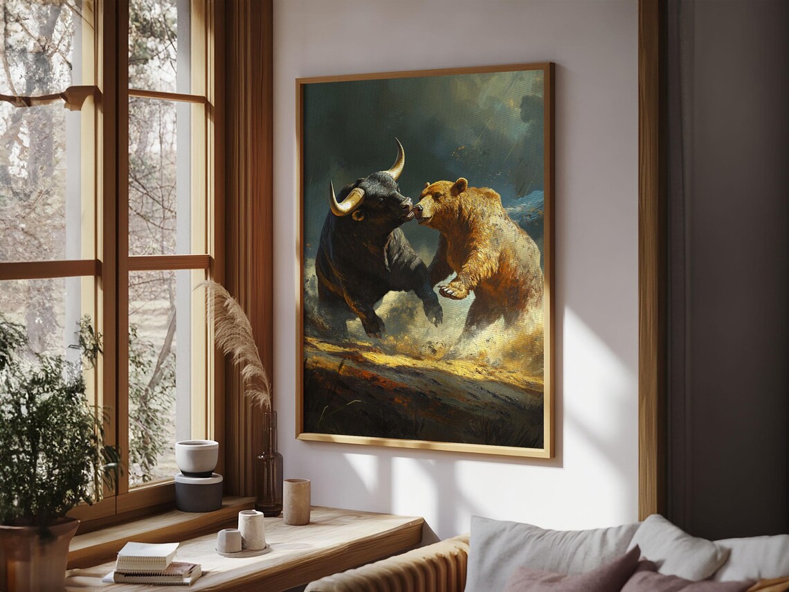 Bull And Bear Clash Framed Print Rustic Wall Art Gift Idea Decor Wild Animals Artwork Moody Wall Art Rustic Living Room Decor