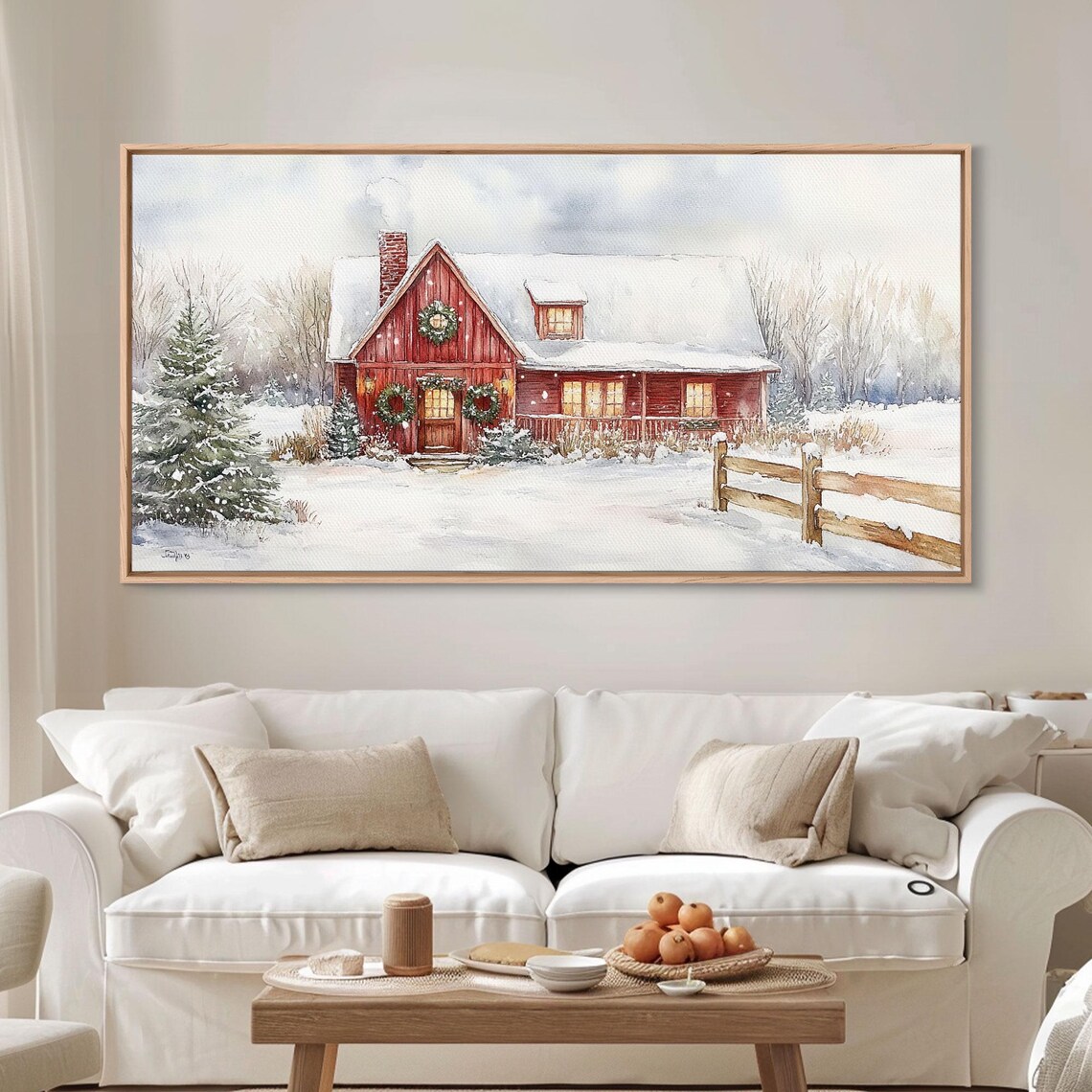 Snowy Red Farmhouse With Wreaths, Holiday Lights Art Print - Image 5