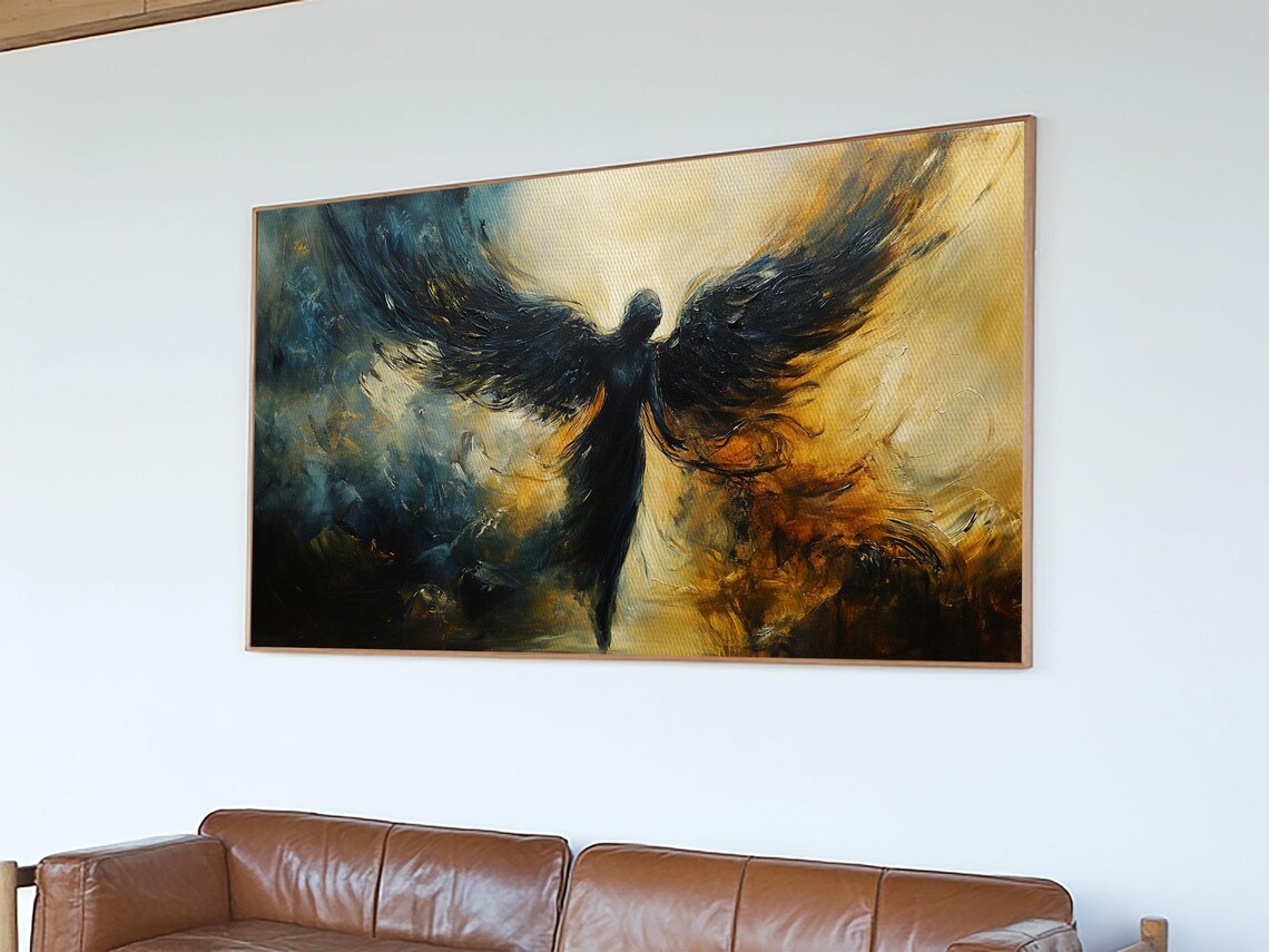 Dark Angel Black Wings Rising Golden Clouds Gothic Fantasy Art Poster - Image 3