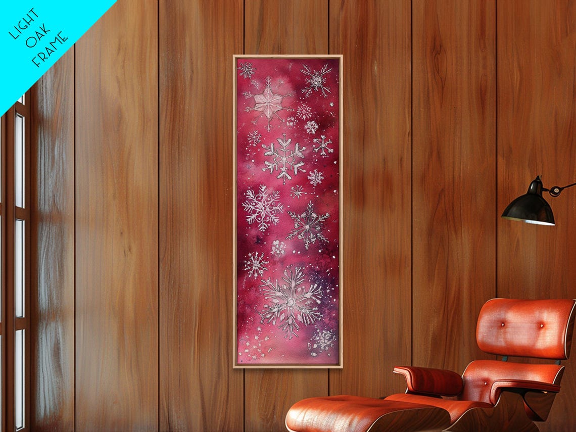 Pink Snowflake Watercolor Painting White Winter Snow Vertical Wall Art - Image 3