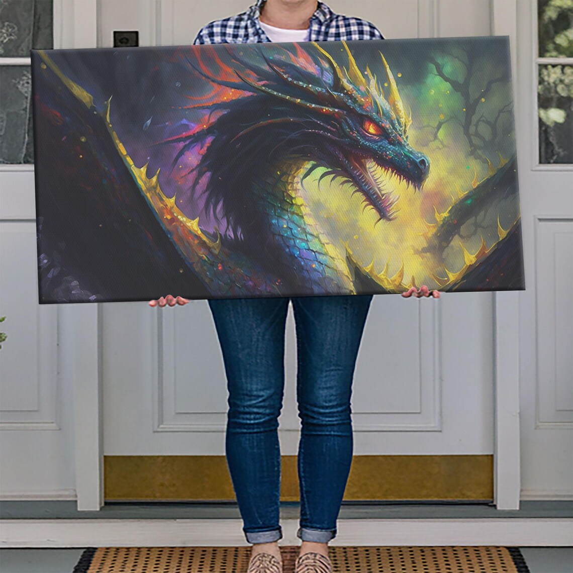 Psychedelic Dragon Head Iridescent Scales Golden Horns Dark Wall Poster - Image 4
