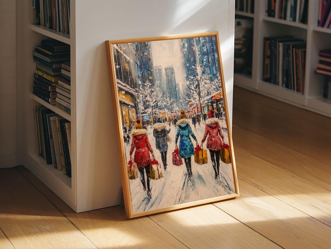 Vintage Christmas Town Street With Holiday Shoppers Snow Scene Art - Image 3