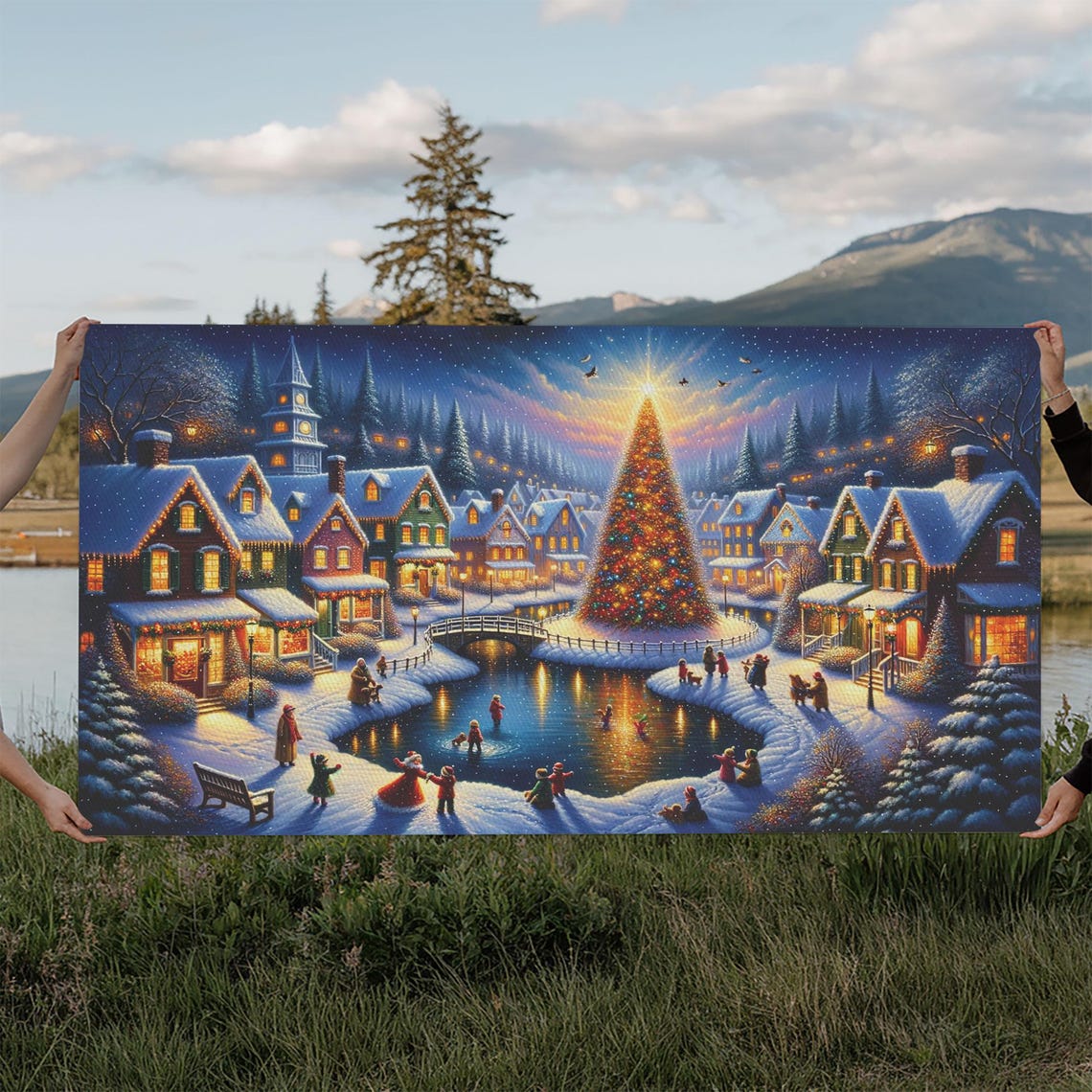 Christmas Town Square Tree With Skaters On Frozen Pond Night Poster