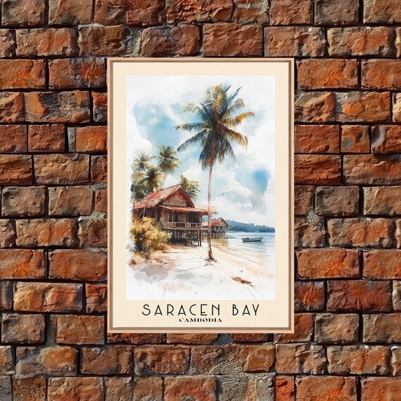 Saracen Bay Cambodia Stilt Beach Huts Coconut Palm Boat Watercolor Poster