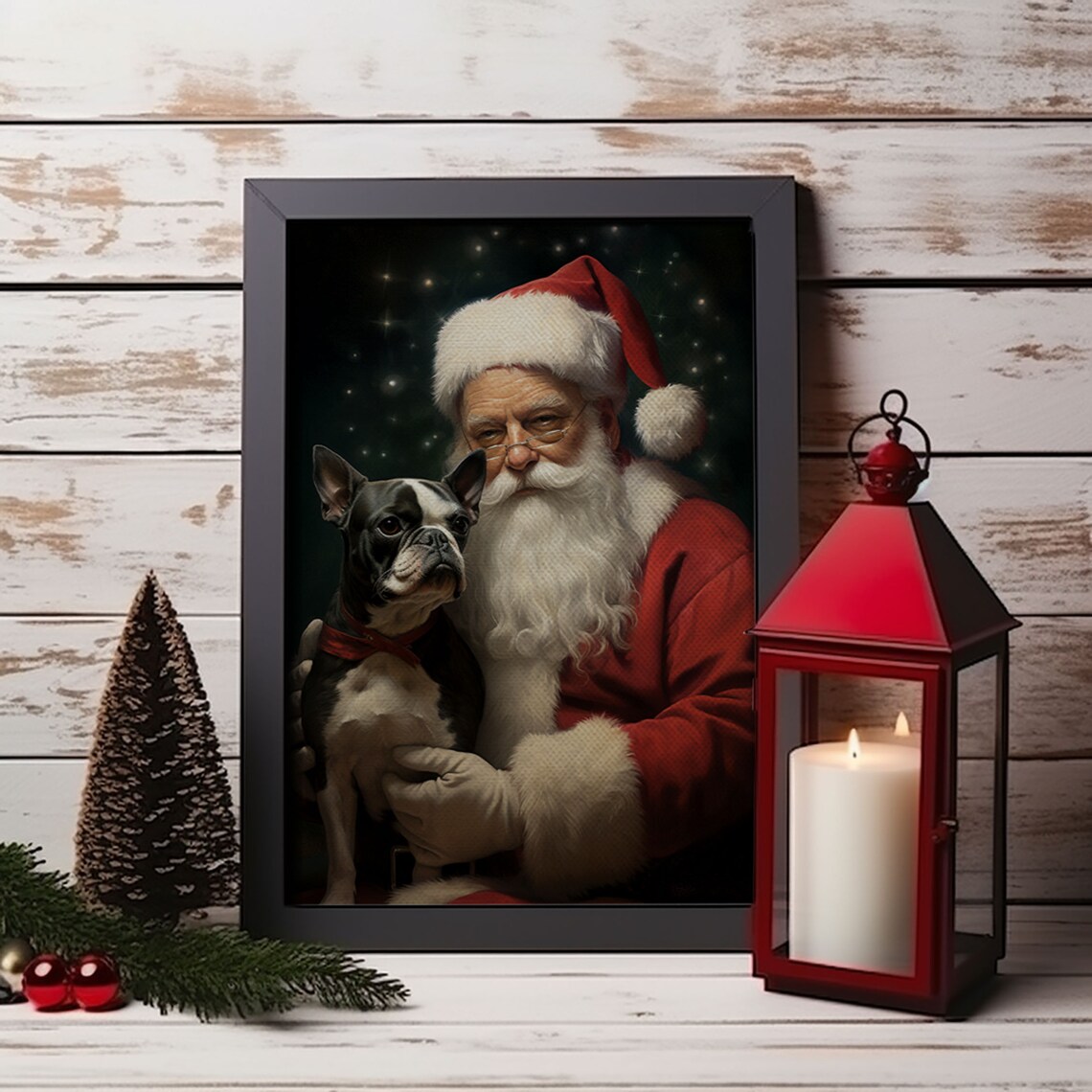 Santa Claus and Boston Terrier Christmas Art Print - Image 4